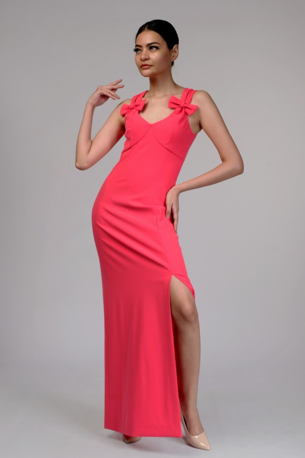 Bow Embllished Stretch Cady Maxi Dress Papaya