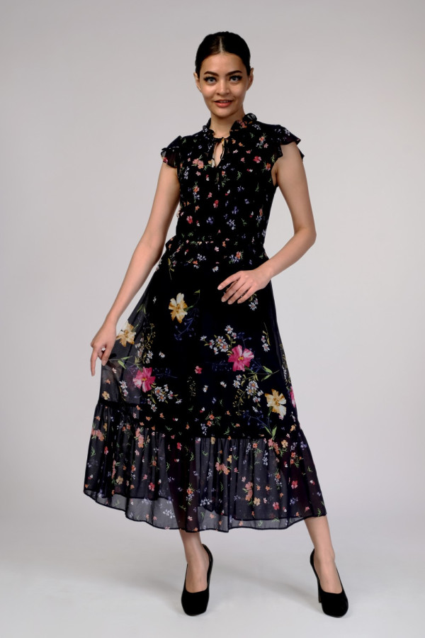 Navy Floral Ruffle Tie Neck Midi Dress