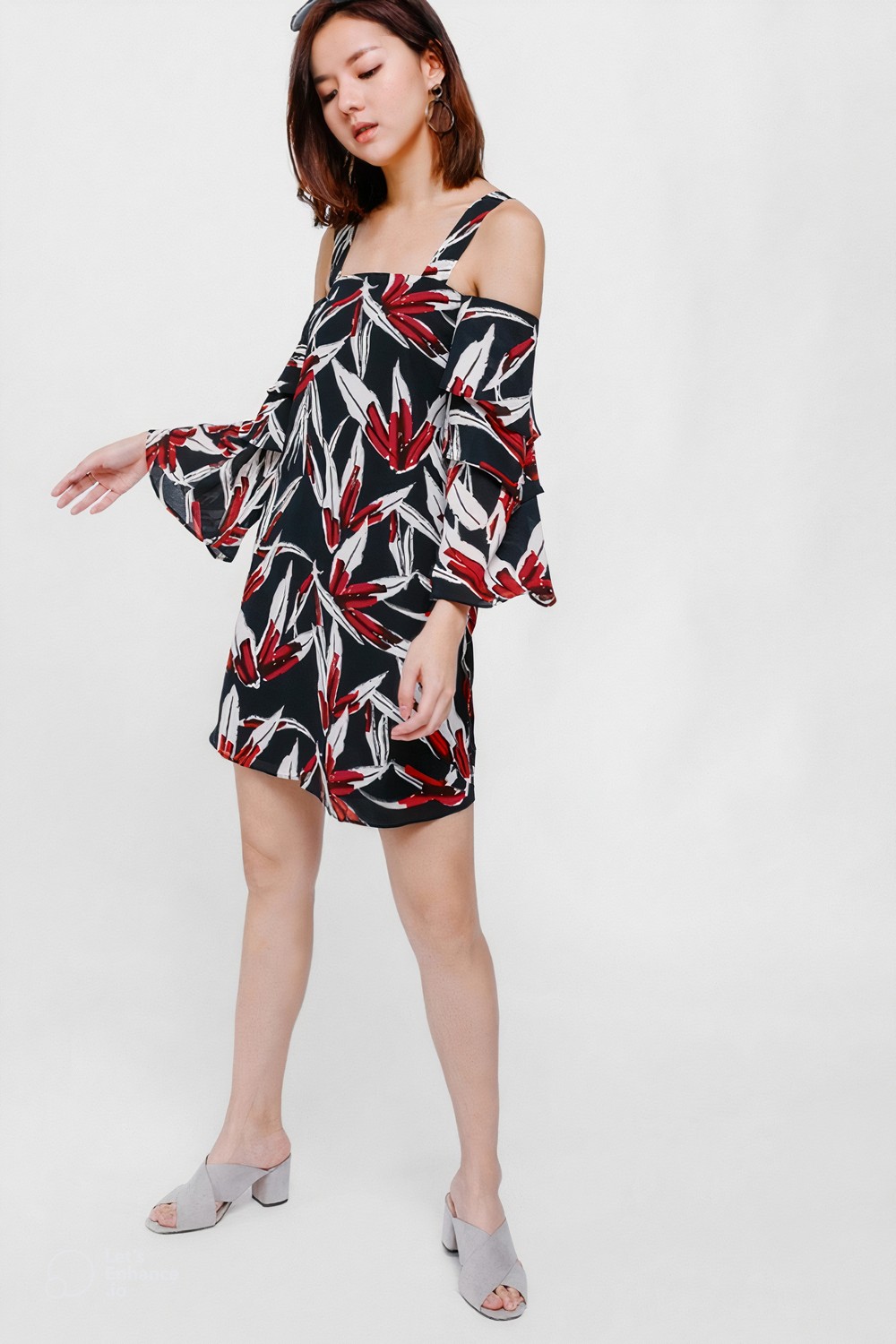 Ryne Printed Off Shoulder Layered Sleeve Dress