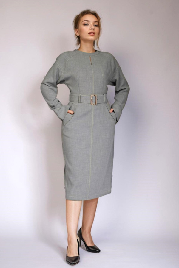 Grey Long Sleeve Midi Dress with Belt