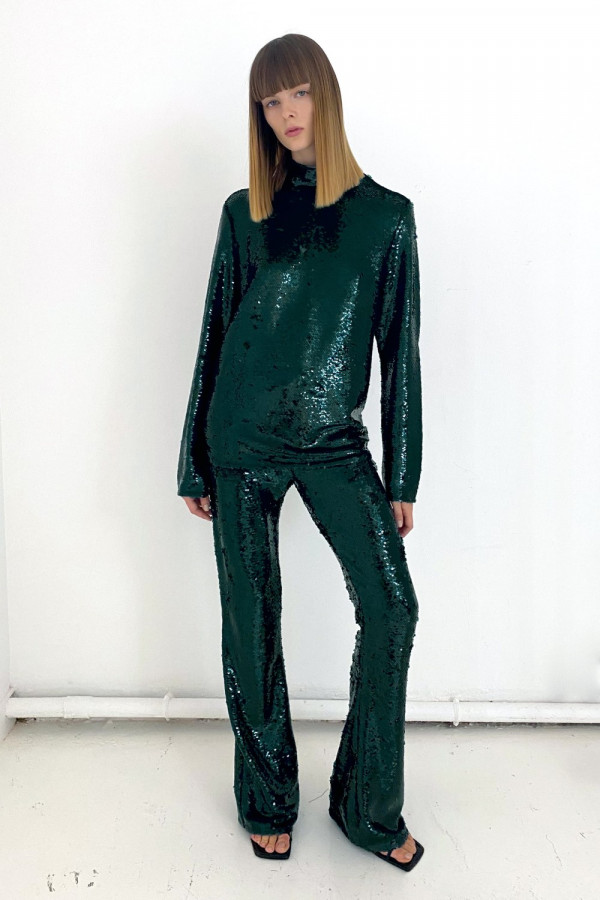 Sequin Turtleneck Top Blouse in Green