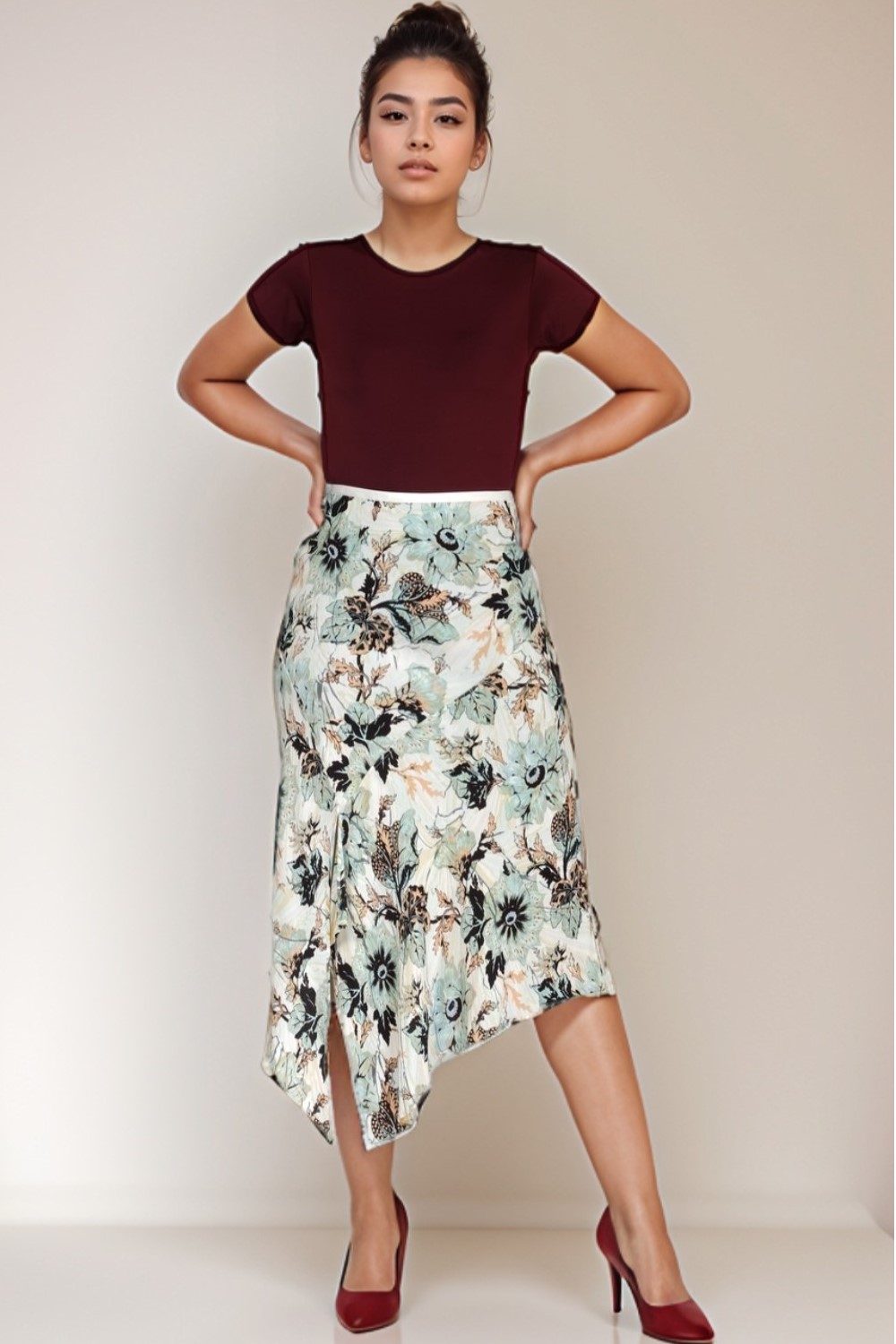 Florence Asymmetric Floral Print Crepe Skirt