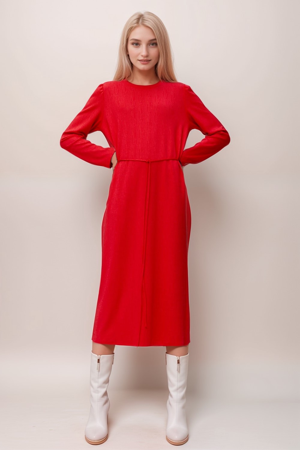 Belted Midi Dress Red