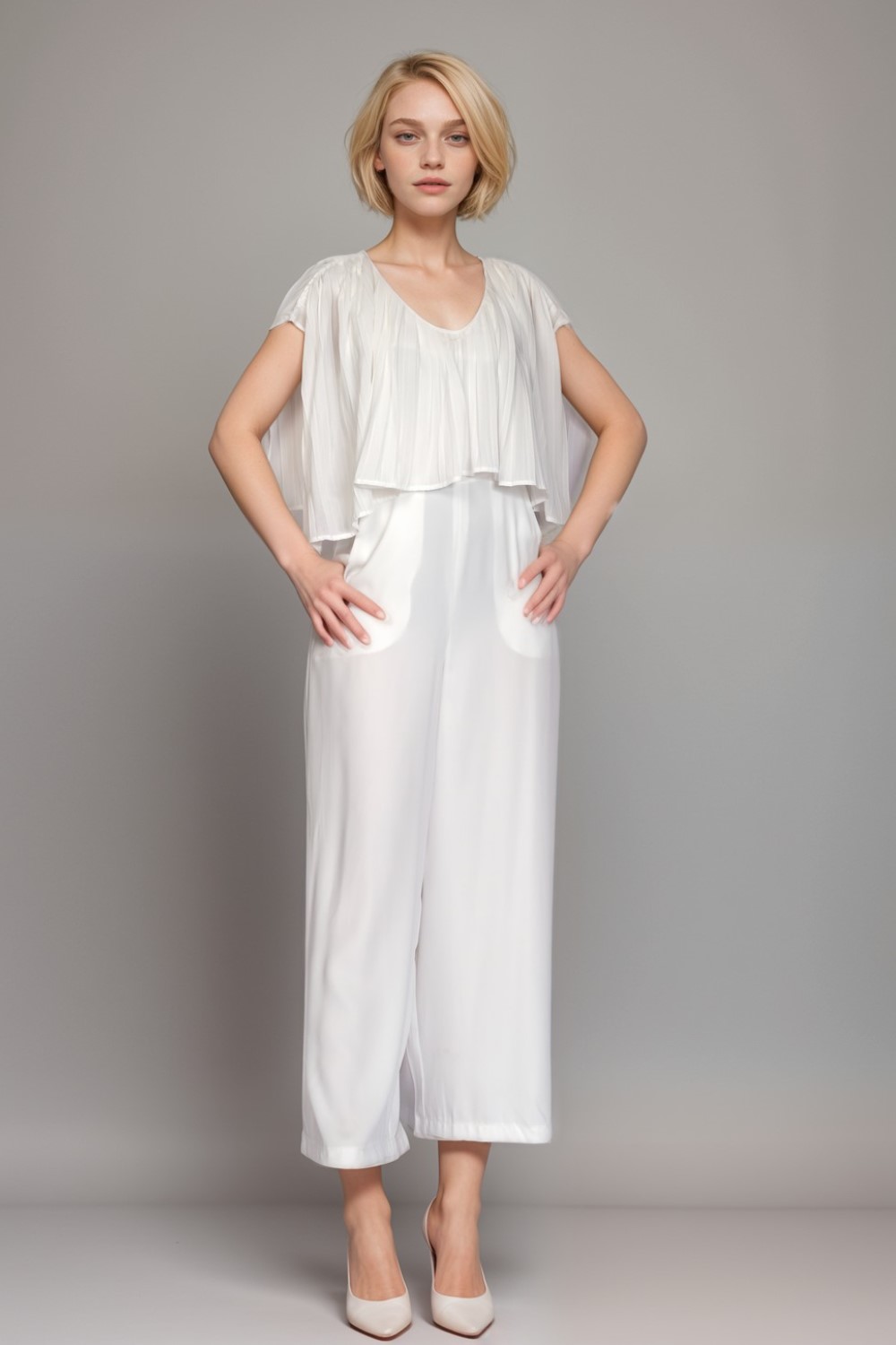 Pleated White Jumpsuit