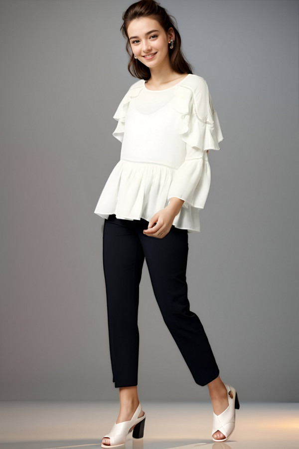 Ruffle Round Neck Flared Sleeve Blouse