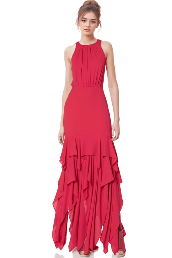 Asymmetric Ruffled Crepe Gown Crimson