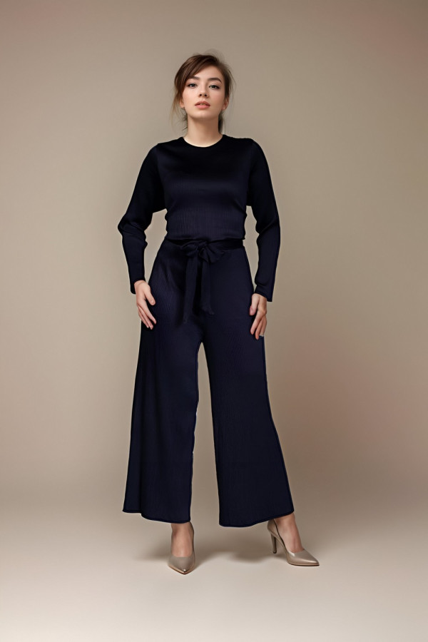 Pleated Jumpsuit with Ribbon Dark Blue