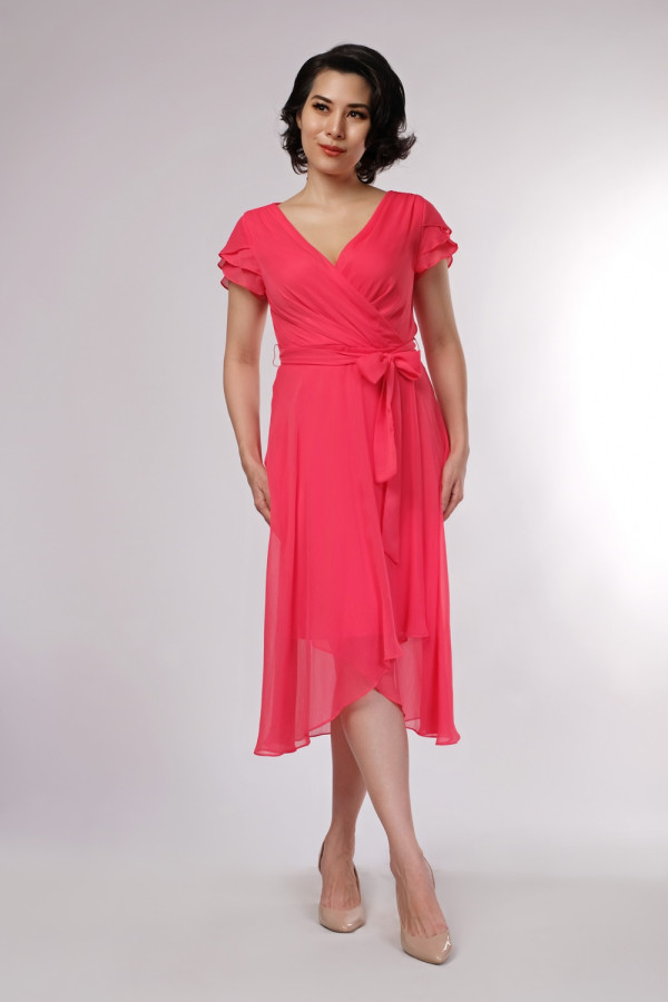 Triple Layer Sleeve V-Neck Wrap Midi in Melon