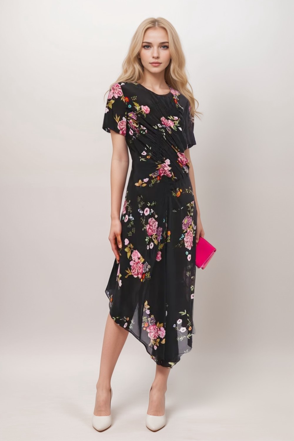 Gathered Flora Black Dress