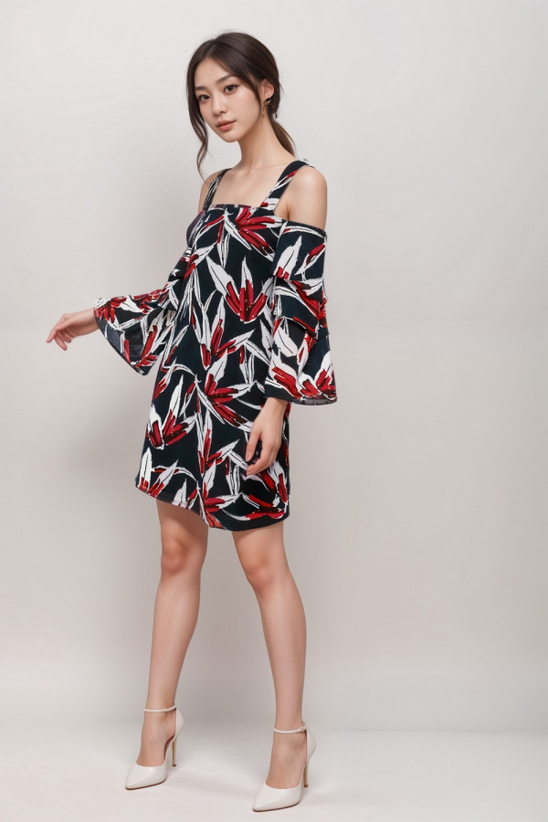 Ryne Printed Off Shoulder Layered Sleeve Dress