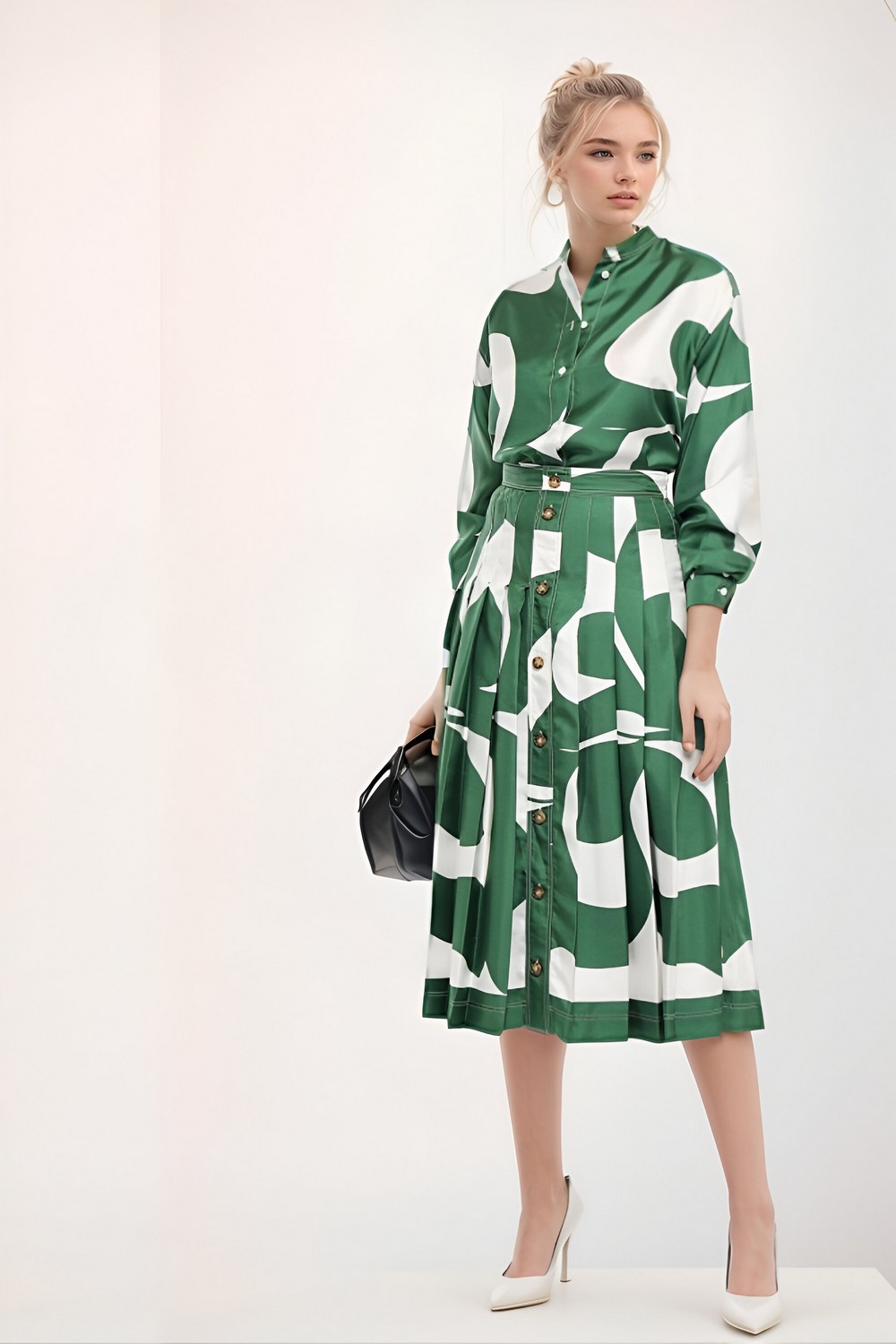 Pleated Printed Silk Satin Twill Midi Skirt Green