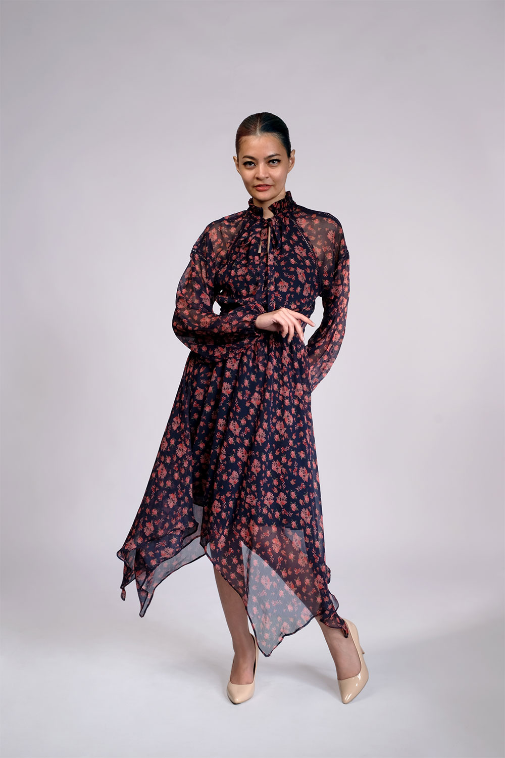 Meg Crochet Trimmed Floral Print Georgette Midi Dress