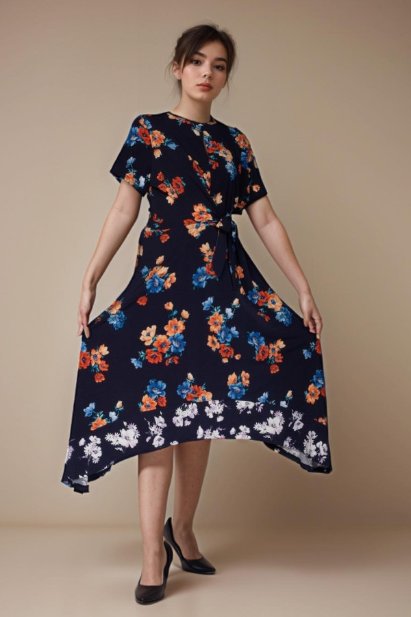 Navy Floral Wrap at Front Dress