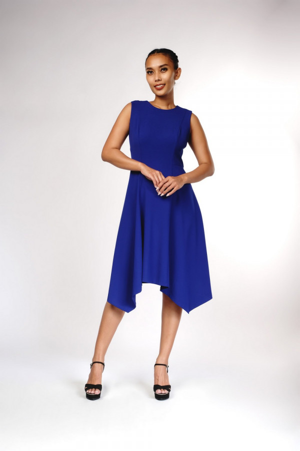 Women Blue Sleeveless Crew Neck Knee Length Cocktail Dress