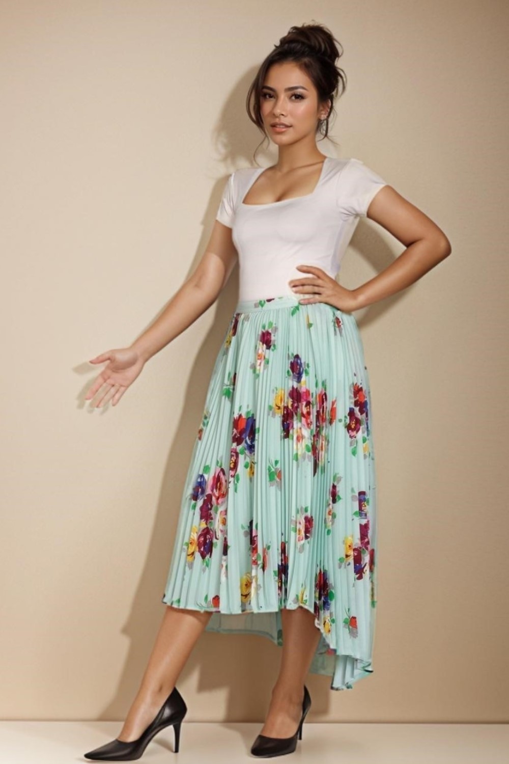 Soft Jad Rare Roses Pleated Skirt Asymmetric