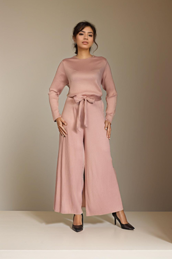 Pleated Jumpsuit with Ribbon Pink