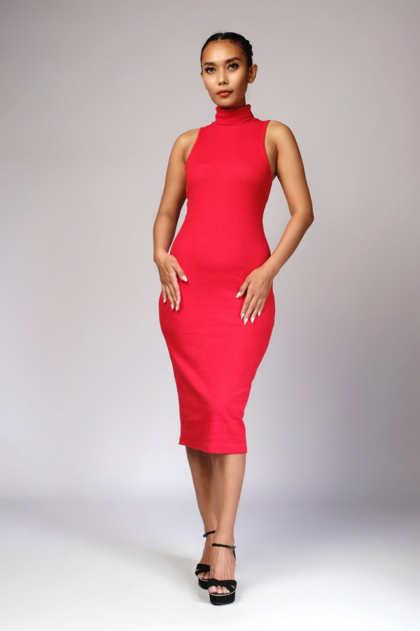 High Collar Rib Dress Red