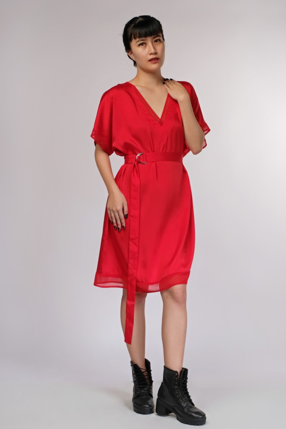 Red Satin Shift Double V-Neck Belted Dress