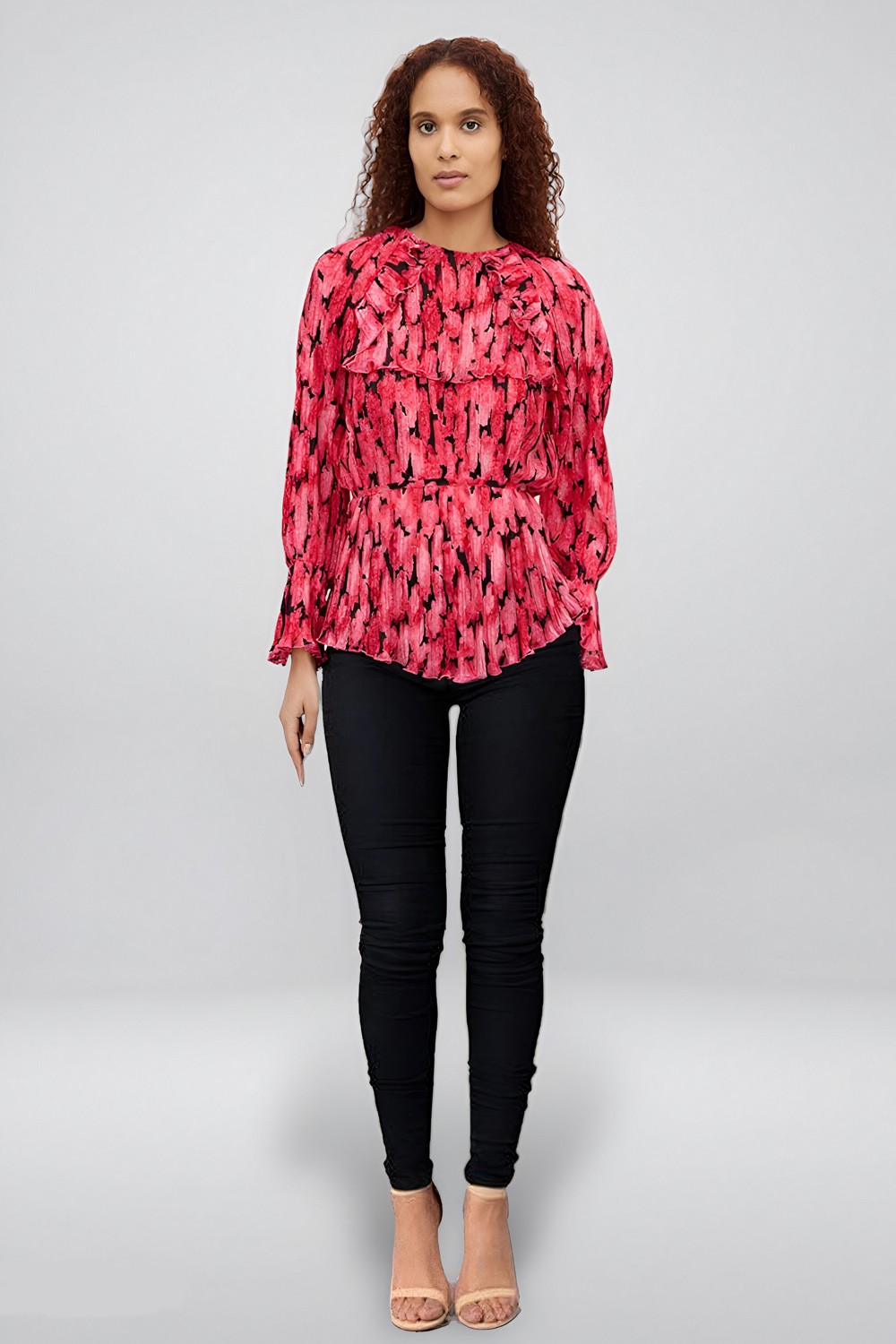 Ruffle Print Plisse Chiffon Blouse