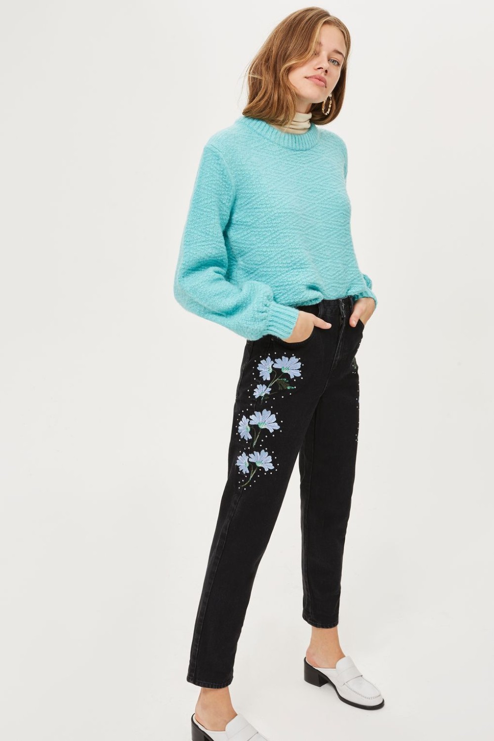 Moto Black Floral Print Embroidered Mom Jeans