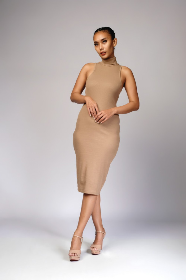 High Collar Rib Dress Cream