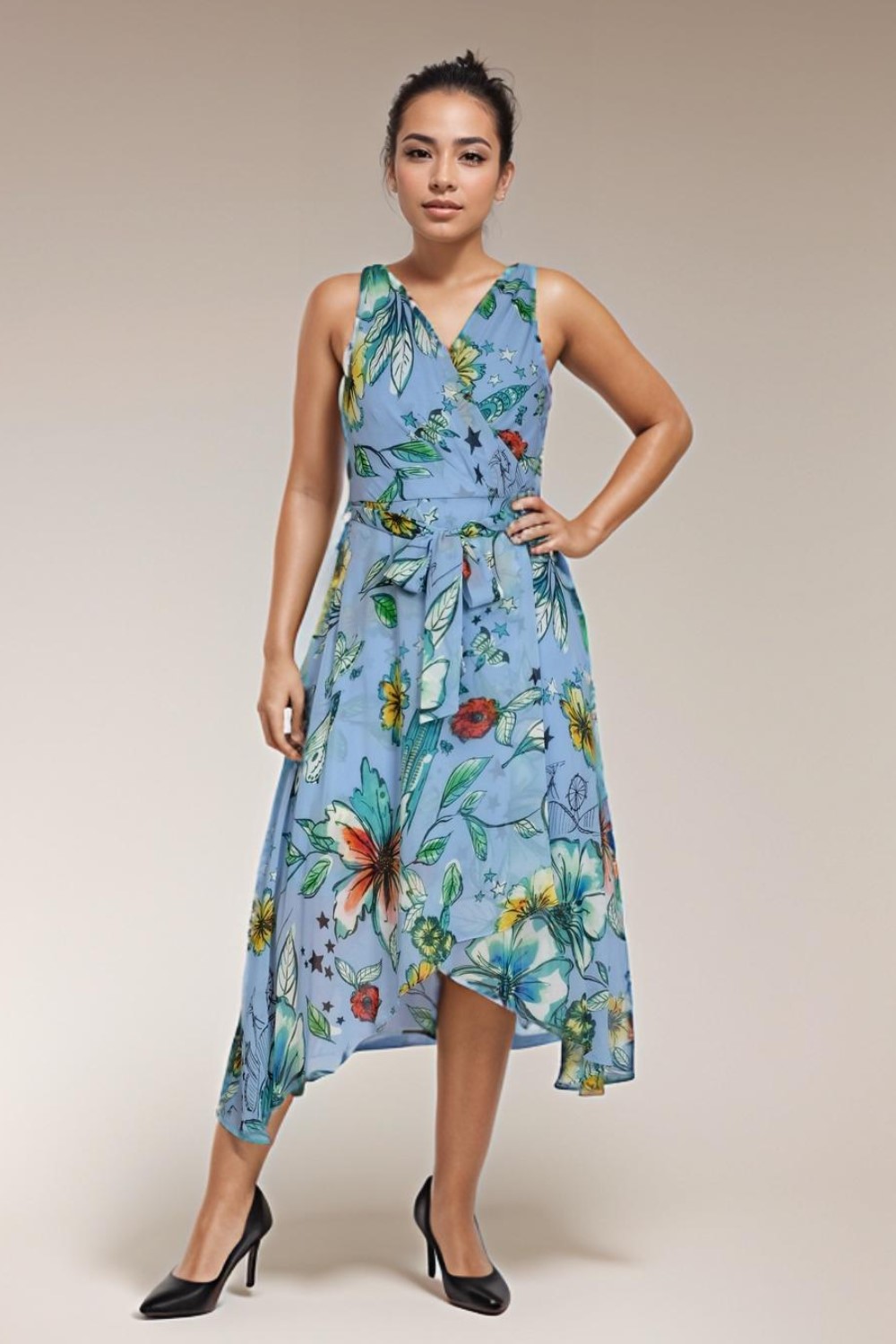 Women Light Blue Printed Sleeveless Sheath Dress