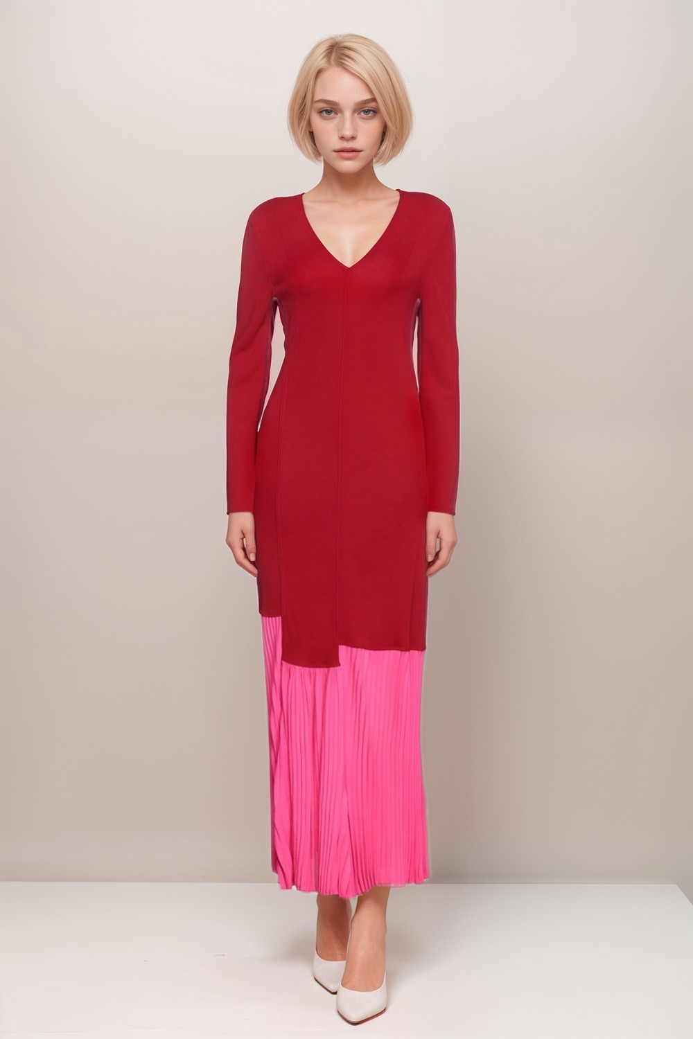 Paneled Two Tone Pleated Long Sleeve Dress