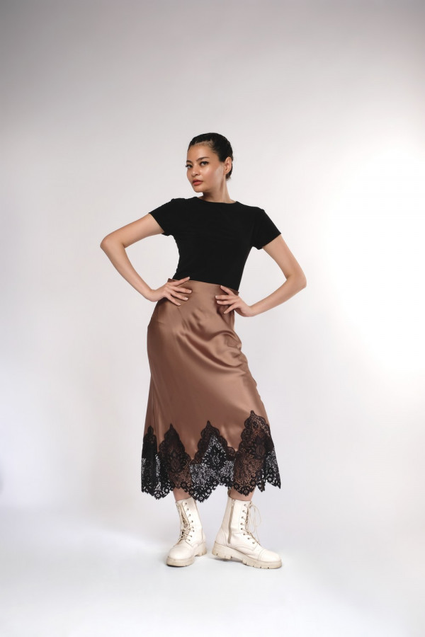 Satin Lace Midi Skirt