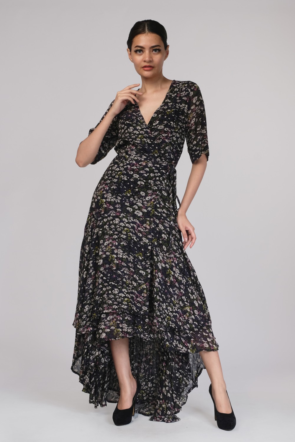 The Pav Asymmetric Floral-Print Chiffon Midi Wrap Dress