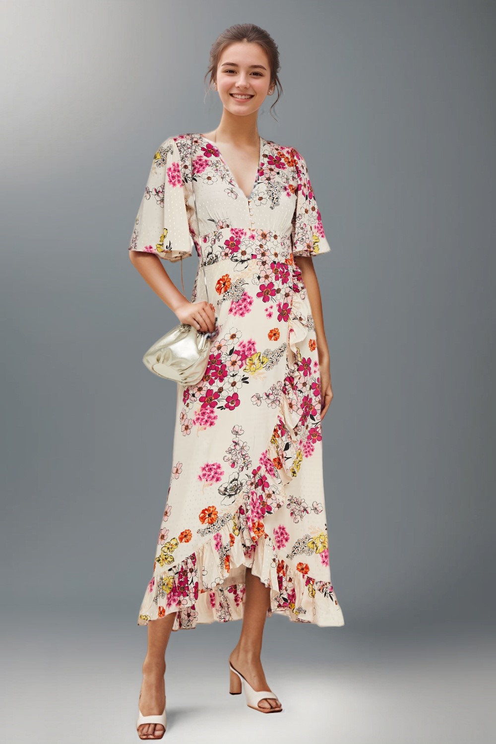 Wrap Effect Floral Print Jacquard Midi Dress