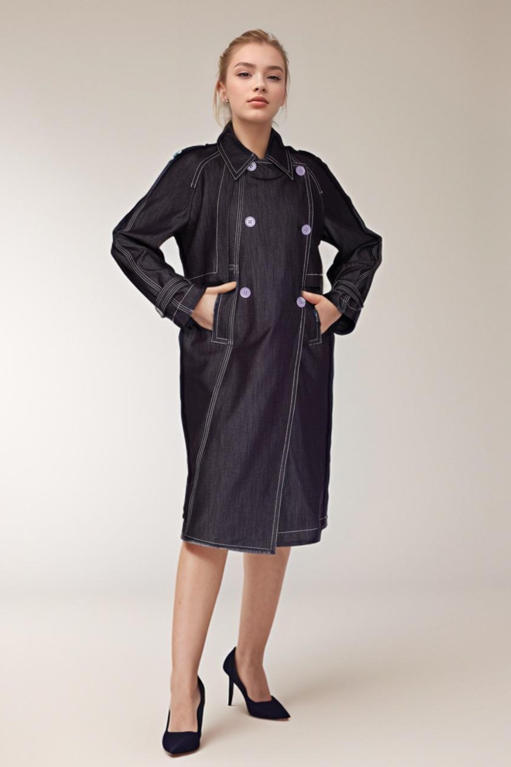 Asymmetric Double Button Coat with Stitching Detail