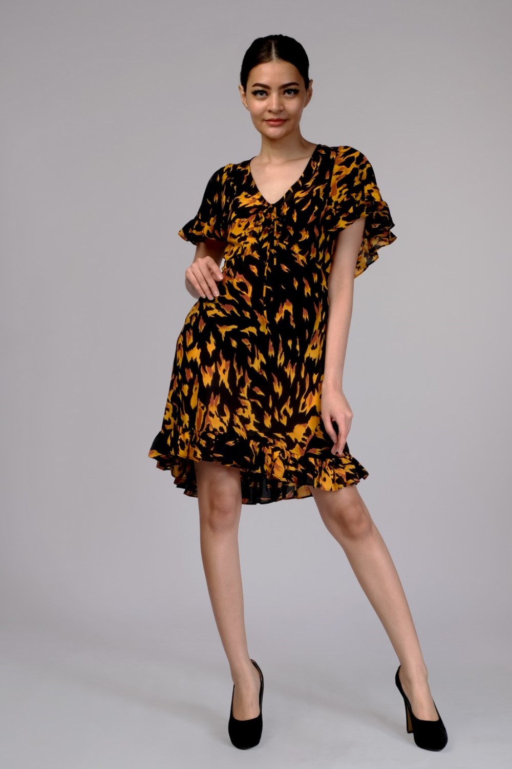 Flame Print Ruffle Tea Dress
