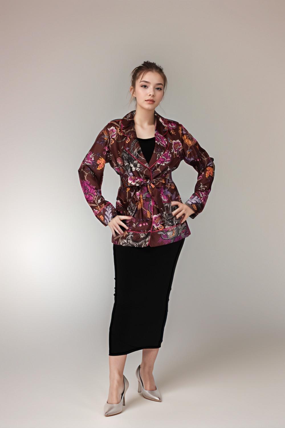 Belted Floral Print Silk Twill Blazer Oversize