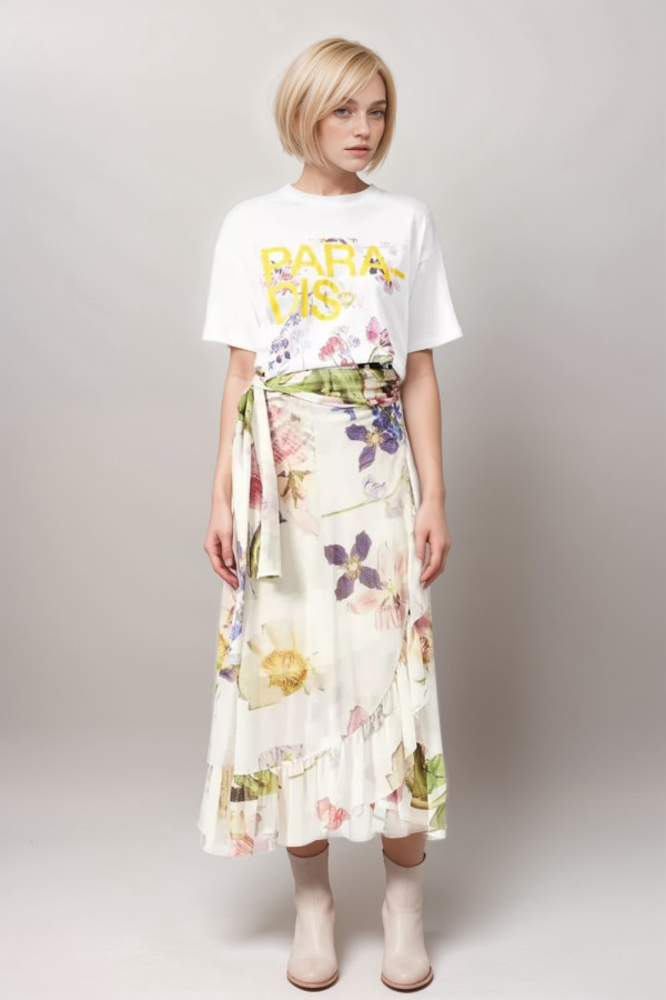 Floral-Print Stretch-Tulle Midi Wrap Skirt