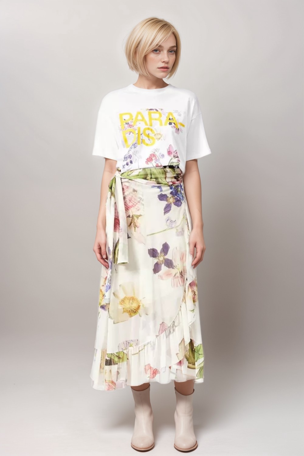 Floral-Print Stretch-Tulle Midi Wrap Skirt