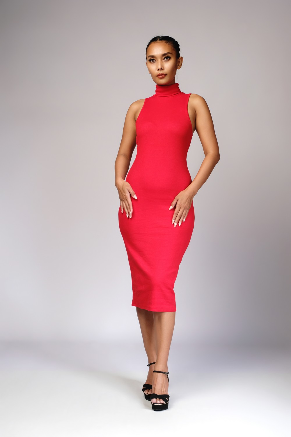 High Collar Rib Dress Red