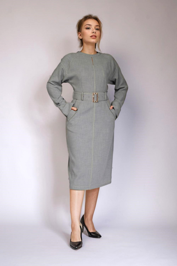 Grey Long Sleeve Midi Dress with Belt