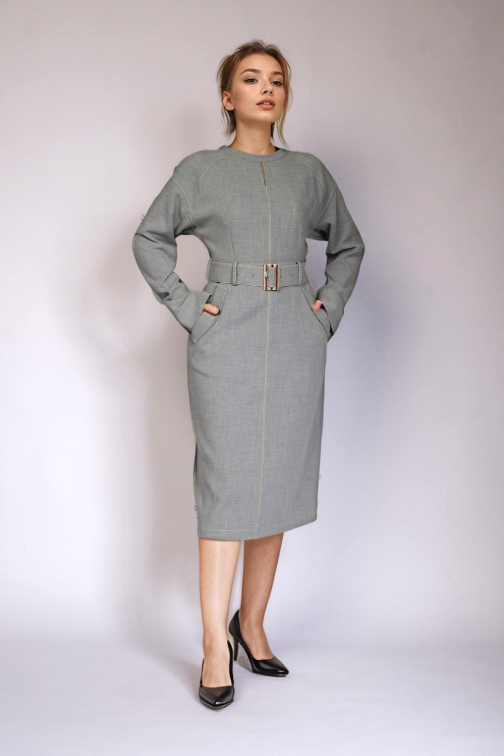 Grey Long Sleeve Midi Dress with Belt