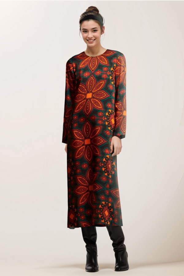 Woman Round Neck Printed Midi Dress Multicolor