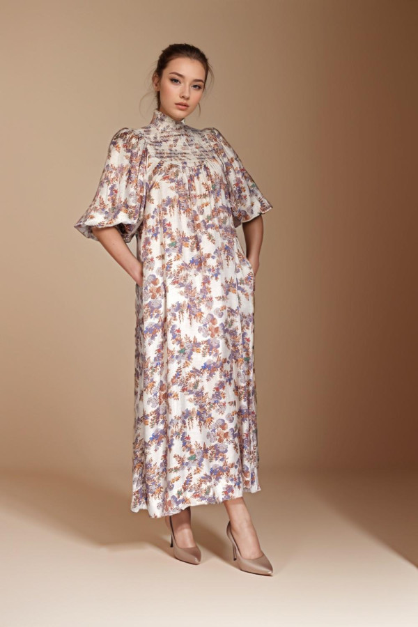 Smocked Poplin Floral Printed Midi Dress