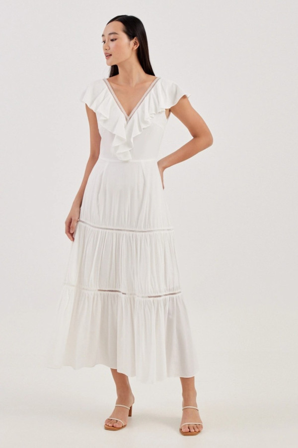 Lela Ruffle Lace Trim White Dress