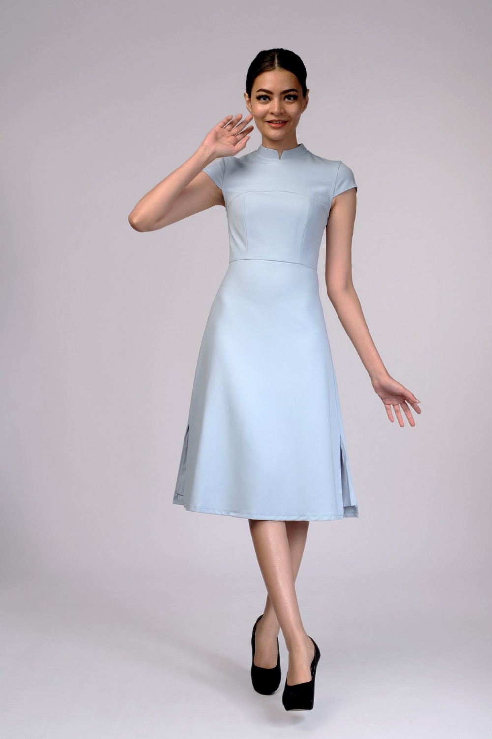 Veryn Mandarin Collar Shift Blue Dress