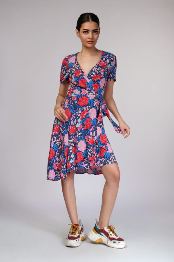 Floral Print Crepe Wrap Dress